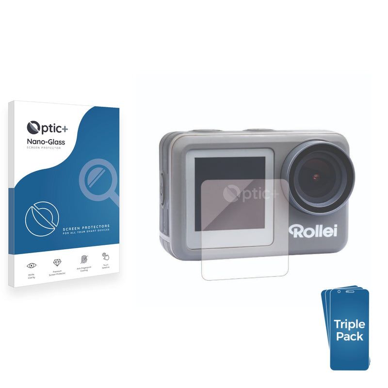 3pk Optic+ Nano Glass Screen Protectors for Rollei Actioncam 9s Plus