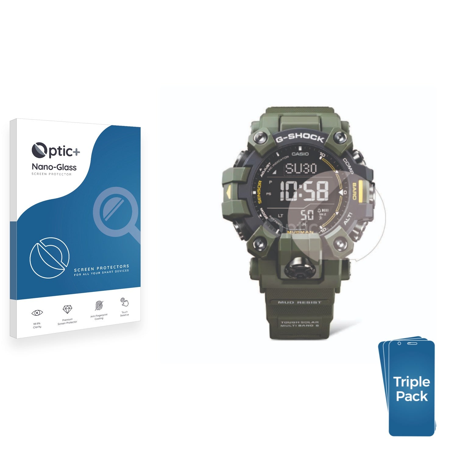 3pk Optic+ Nano Glass Screen Protectors for Casio G-Shock GW-9500 ...