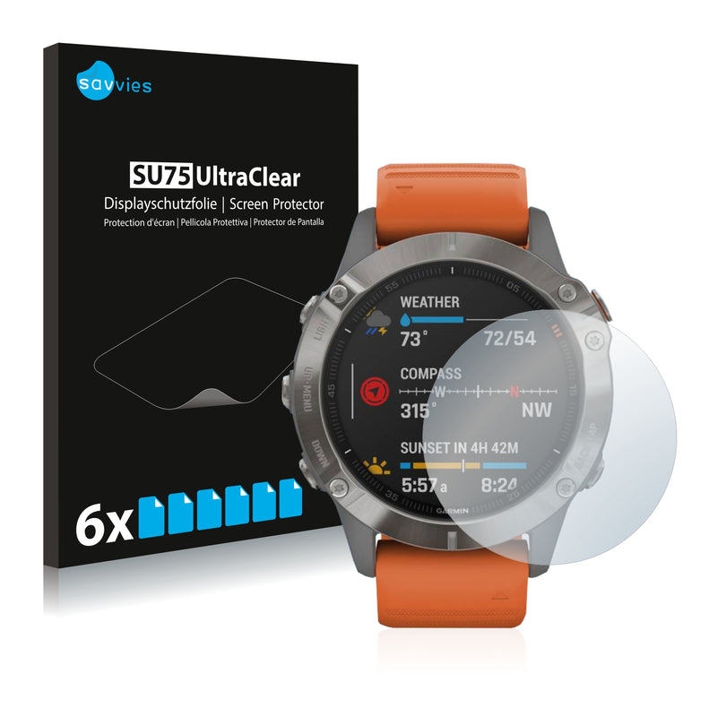 6x Savvies SU75 Screen Protector for Garmin Fenix 6