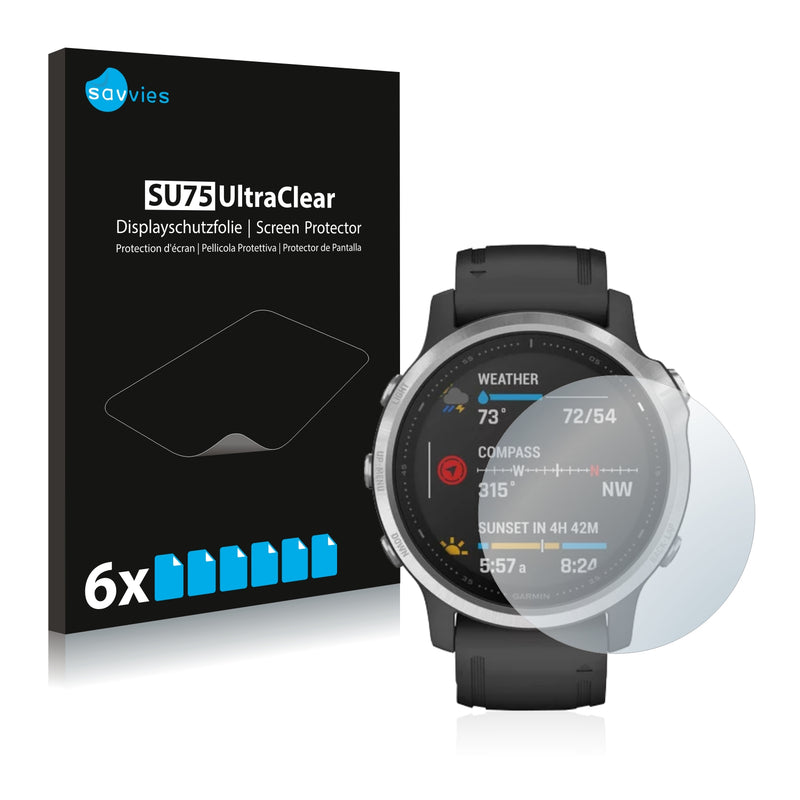 6x Savvies SU75 Screen Protector for Garmin Fenix 6S